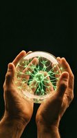 Hands protecting glowing green energy sphere with electric lightning effects on dark background for science and technology concepts.