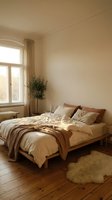 Serene bedroom interior with wooden bed, neutral bedding, warm natural light from large window, potted plant, and minimalist Scandinavian design aesthetic.