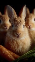 Adorable ginger dwarf rabbits with fresh carrots in dark moody setting. Close-up portrait of fluffy bunnies with expressive eyes and soft fur against black background.