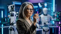 Senior woman with gray hair and glasses wearing business attire, analyzing holographic data displays and digital interfaces in a high-tech laboratory environment with robotic equipment and neon lighting.