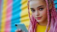 Young woman with pink braided hair and bright makeup smiling while using smartphone against colorful striped wall background. Modern urban lifestyle portrait.