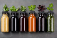 Colorful smoothie bottles with fresh herbs on dark background. Healthy detox drinks with natural ingredients for wellness and nutrition lifestyle.
