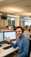 Smiling male customer service representative with headset gesturing at computer screen in modern open office workspace for business communication.