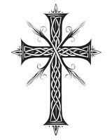 Black ornate Celtic cross with intricate knotwork pattern and decorative floral elements on white isolated background, suitable for religious designs and tattoo art.
