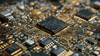Close-up macro view of computer motherboard with microprocessor chip and electronic components showing intricate circuit patterns and golden traces.