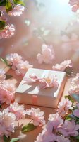 White gift box with pink ribbon surrounded by delicate pink cherry blossoms in soft sunlight, creating romantic spring atmosphere for special occasions.