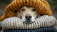 Adorable dog wearing cozy knit hat resting on warm sweaters, perfect for autumn winter pet fashion and seasonal comfort themes.