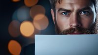 Close-up portrait of bearded Caucasian man with intense blue eyes against dark background with bokeh lights, partially obscured by light blue surface.