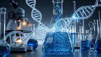 Laboratory glassware with DNA helixes and molecular structures in blue scientific research environment for biotechnology and genetic studies.