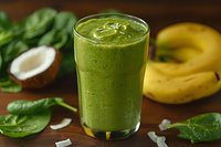 Fresh green smoothie with spinach, banana and coconut on wooden background. Healthy detox drink packed with vitamins and nutrients for wellness and diet.