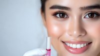 Close up portrait of young Asian woman with glowing skin holding pink lip gloss against light background, showcasing natural makeup and dental care concept.
