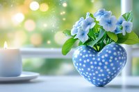Blue hydrangea flowers in heart-shaped polka dot vase on windowsill with soft bokeh background and candle creating peaceful home atmosphere.