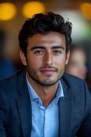 Middle Eastern businessman with confident smile wearing navy blazer and light blue shirt against blurred background. Professional headshot for corporate marketing.