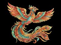 Ornate phoenix bird with colorful feathers and golden details, isolated on transparent background, ready for t-shirt design, stickers, sublimation, and print on demand.