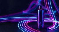 Purple cosmetic bottle with pump dispenser surrounded by vibrant neon light trails in pink and blue creating dynamic circular patterns on dark background.
