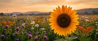 Vibrant sunflower blooming in wildflower meadow at golden hour sunset with mountains in background. Natural farming landscape for agriculture concepts.