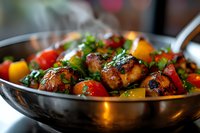 Pan-seared chicken pieces with colorful bell peppers, cherry tomatoes and fresh herbs in dark cooking pan, steam rising, close-up culinary shot.