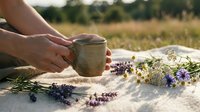 Woman hands holding ceramic mug with herbal tea surrounded by fresh lavender and wildflowers on wooden table in natural outdoor setting for relaxation.