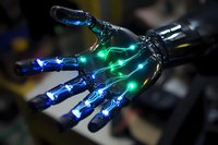 Futuristic robotic hand with glowing blue and green lights illuminating through transparent material, showcasing advanced prosthetic technology and innovation.