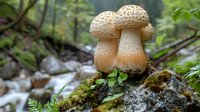 Pair of wild mushrooms with scaly white caps growing on mossy rock in forest setting, soft natural lighting creates magical woodland atmosphere.