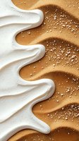 Creamy white foam meets golden sand with water droplets, creating abstract waves and textures for spa, cosmetic, or beach concepts.