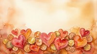 Watercolor hearts and golden coins border on textured paper background for romantic finance themes, wedding invitations, love money concepts.