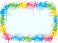 Colorful watercolor frame with clouds, hot air balloons and paper planes on white background. Creative border for children designs and presentations.