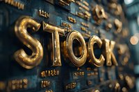 Golden metallic stock market lettering on dark background with shallow depth of field, capturing financial district ambiance and investment concept.