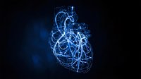 Digital wireframe heart with glowing blue electric energy lines on dark background for medical technology and healthcare innovation concepts.