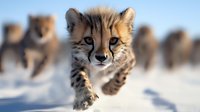 Young cheetah cub running in snow with blurred group in background, close-up portrait showing distinctive facial features and spotted fur in winter setting.