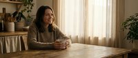 Young woman with long dark hair sitting at wooden kitchen table holding coffee mug, smiling warmly in cozy home interior with natural window light and plants.
