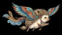 Whimsical hedgehog with ornate turquoise and copper wings flying in mid-air, isolated on transparent background. Ready for t-shirt designs, stickers, clipart, sublimation, and print-on-demand products.