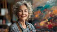 Confident mature woman artist with gray curly hair smiling in art studio against colorful abstract painting background, wearing casual denim shirt and necklace.