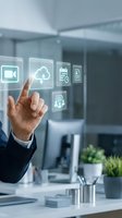 Businessman touching digital interface with cloud computing and technology icons in modern office environment for business automation solutions.