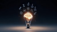 Glowing light bulb with brain filament surrounded by floating science icons on dark background representing innovation, creativity and scientific thinking.