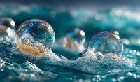 Crystal clear water bubbles floating on ocean surface with sparkling sunlight reflections creating magical aquatic scene for wellness and nature concepts.