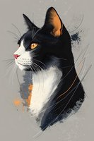 Artistic portrait of black and white cat with orange eyes in profile view against gray background, featuring watercolor splash effects and detailed whiskers.