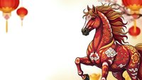 Red ornate horse with golden decorative patterns and flowing mane on light background with traditional lanterns for Chinese New Year celebrations.