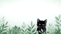 Black cat with bright yellow eyes peeking through green botanical foliage border on light background for pet and nature themed designs.