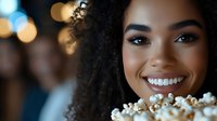 Young African American woman with natural curly hair and bright smile enjoying popcorn at movie theater with bokeh lights in background.