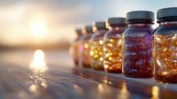 Amber glass supplement bottles with omega-3 fish oil capsules lined up at sunset, creating golden bokeh reflections on wooden surface. Medical wellness concept.