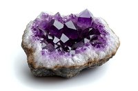 Natural amethyst geode with purple crystals isolated on white background for jewelry design and mineral collection displays.