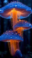 Glowing blue and orange mushrooms with water drops in dark forest, magical nature macro photography with bokeh effect and luminescent details.