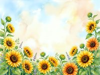 Watercolor sunflower border frame with yellow blooms and green leaves on soft blue sky background for greeting cards and invitations.