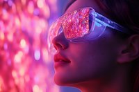 Young woman wearing protective glasses with neon pink reflection against blurred bokeh background in vibrant cyberpunk style lighting.