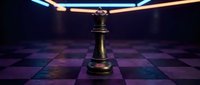 Golden chess king piece standing on checkered board with dramatic lighting and futuristic neon glow creating strategic game atmosphere for business concepts.