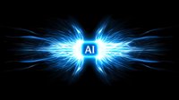 Glowing AI text with radiating blue electric light rays on black background, futuristic technology concept for artificial intelligence visualization.