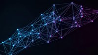 Abstract network connection with glowing nodes and lines in blue purple gradient on dark background for technology and digital communication concepts.