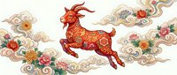 Red ornate goat leaping through decorative clouds with colorful flowers in traditional Asian art style on isolated white background for design projects.