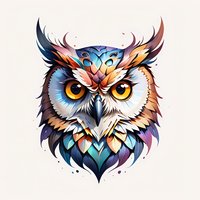 Colorful geometric owl head with vibrant blue, orange and purple feathers in modern artistic style on light background. Fierce yellow eyes and detailed plumage pattern.